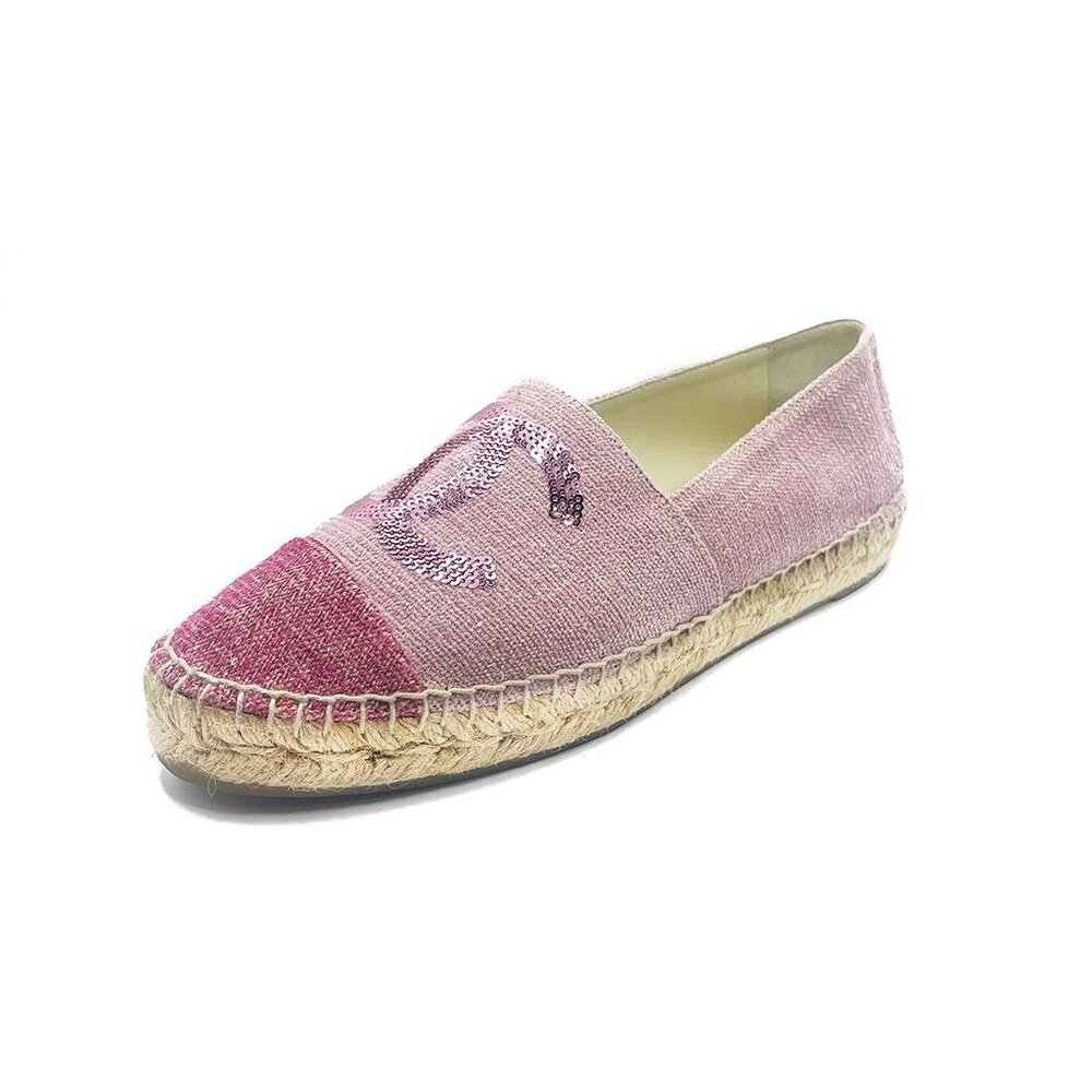 Authentic CHANEL CC Logo Canvas Pink Sequin Espadrilles Flats Shoes 38